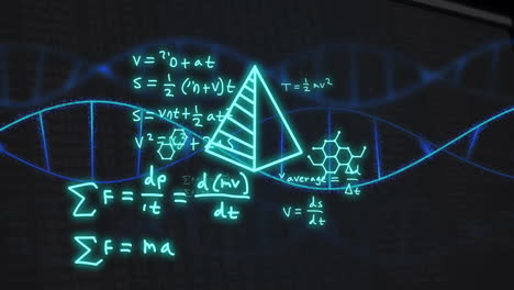 animation of mathematical equations with symbols over dna strand on black background