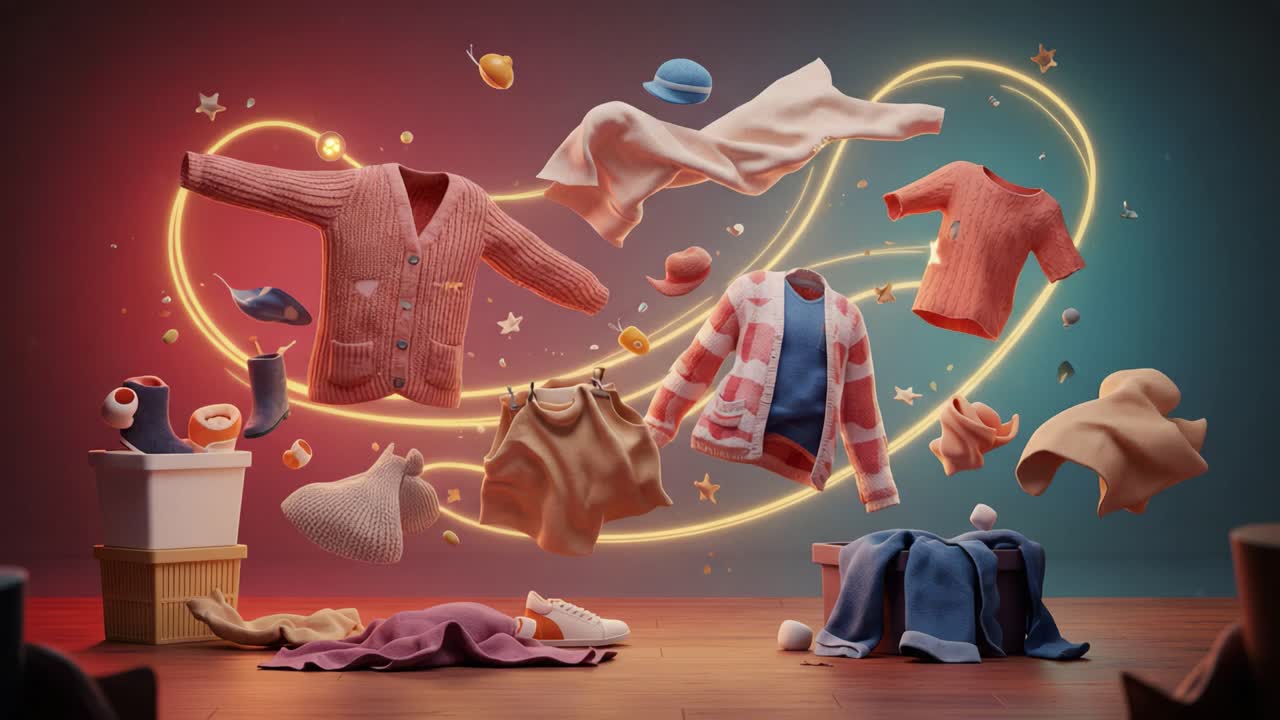 A Playful Display of Colorful Clothing Pieces in Motion, Showcasing Vibrant Textures and Designs Against a Dreamy Background of Stars and Floating Elements