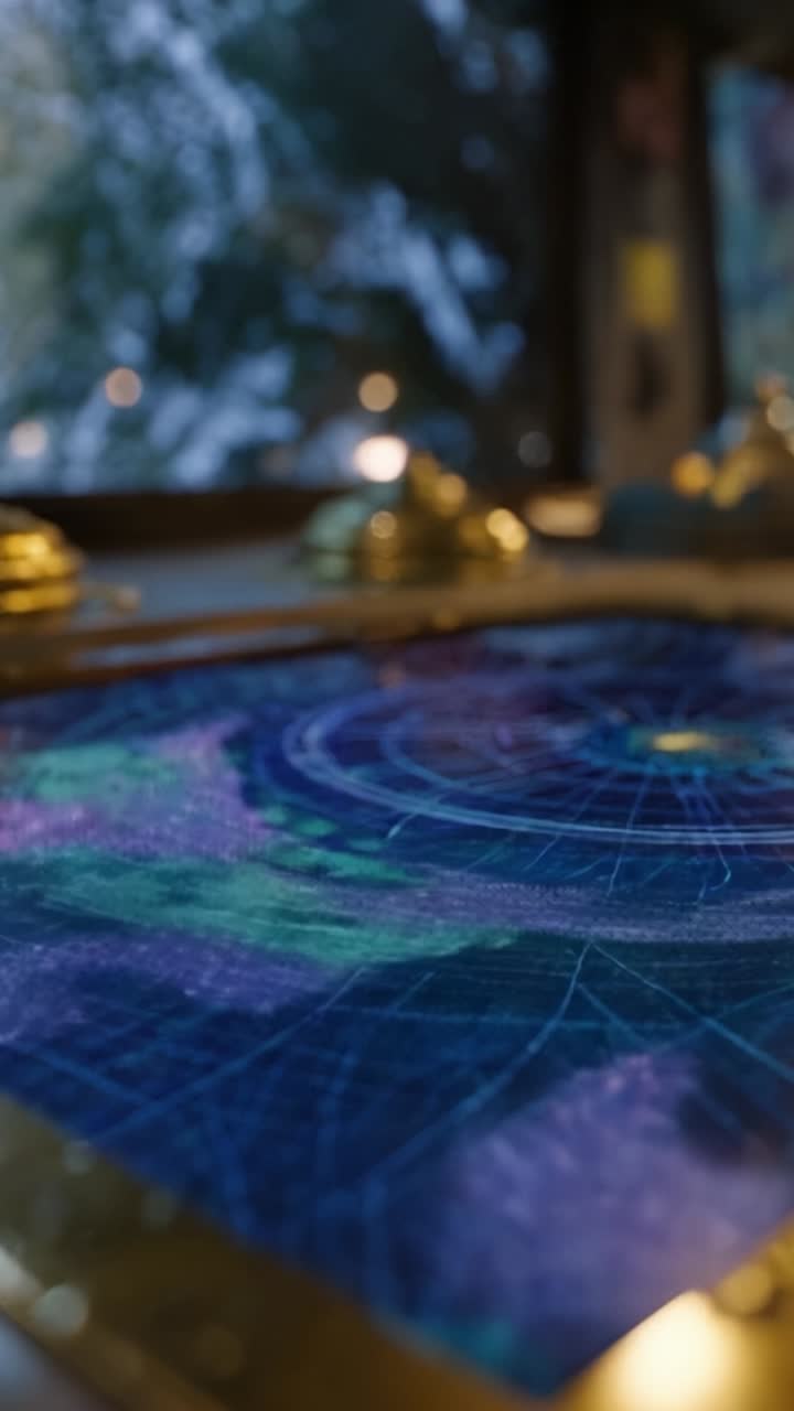 A Mystical Celestial Chart Illuminated by Soft Lighting Capturing the Beauty of Cosmic Patterns and Colors with Intricate Details in an Enchanted Setting