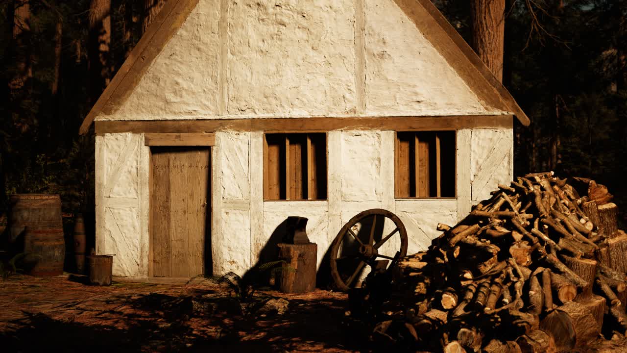 가을의 숲에 있는 오래된 나무 집