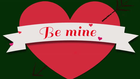 animation of be mine text in ribbon with red heart shapes on green background