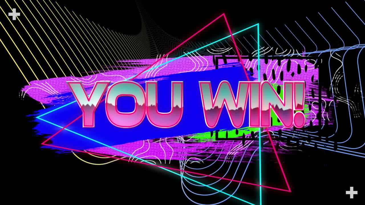 You win! text animation over colorful geometric shapes and lines