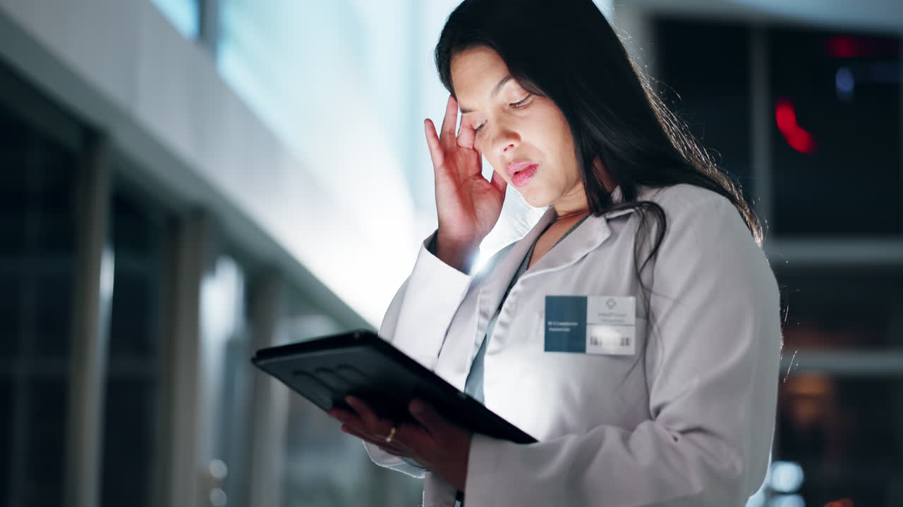 의사, 태블릿 또는 스트레스 두통 병원에서