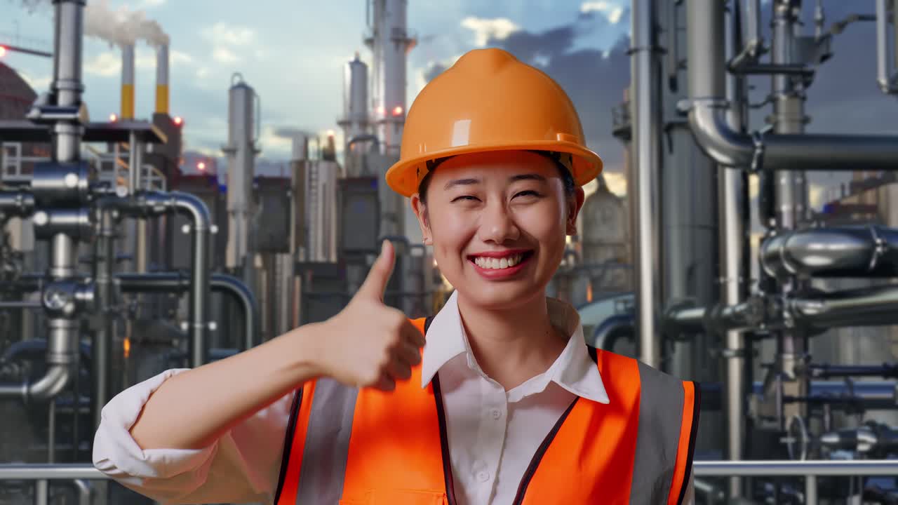 Close Up Of Asian Female Engineer With Safety Helmet Smiling And Showing Thumbs Up Gesture To The Camera While Standing In a Refinery, Oil Processing Equipment And Machinery