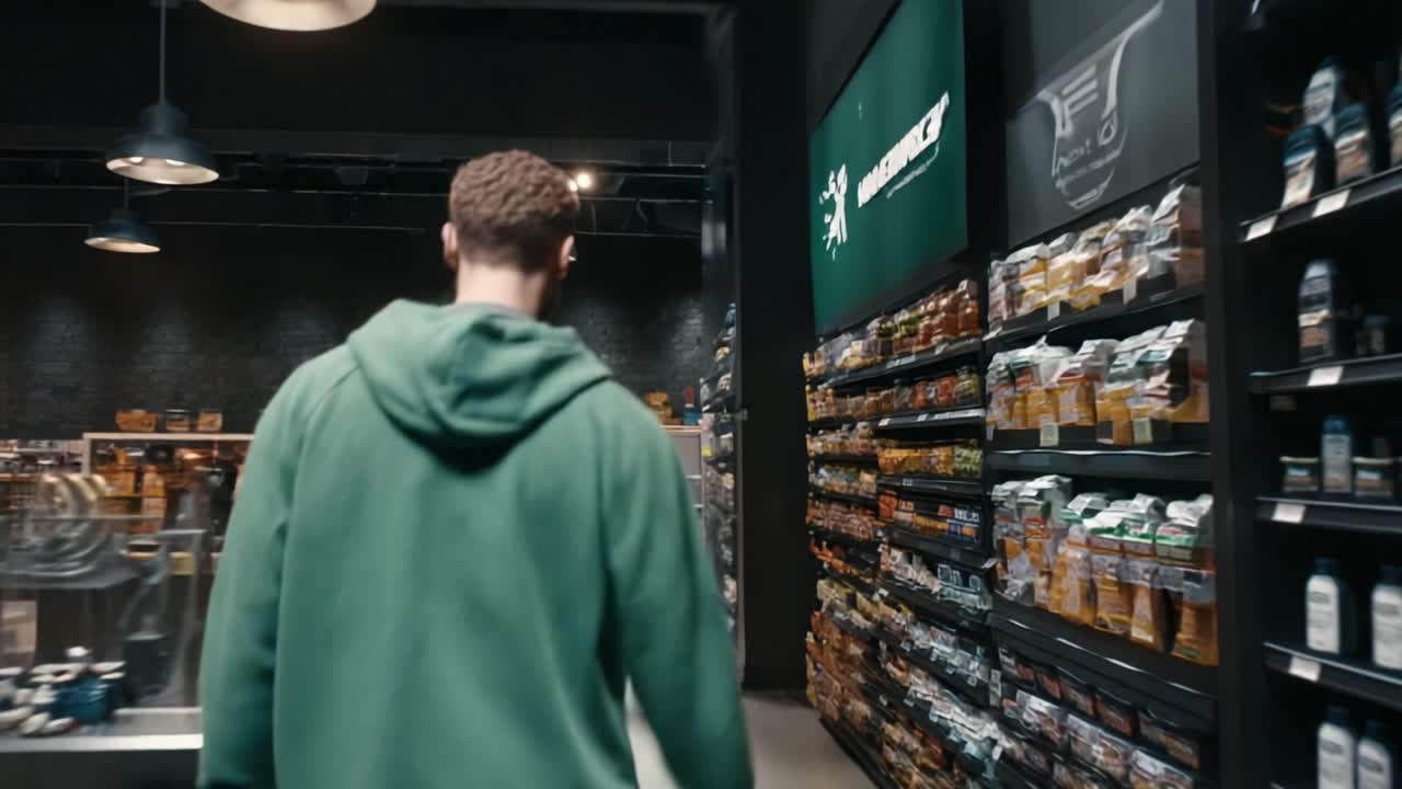 A Person in a Green Hoodie Walks Through a Modern Grocery Store Aisle Filled with Snacks and Products, Creating a Lively Ambiance of Everyday Shopping Experience