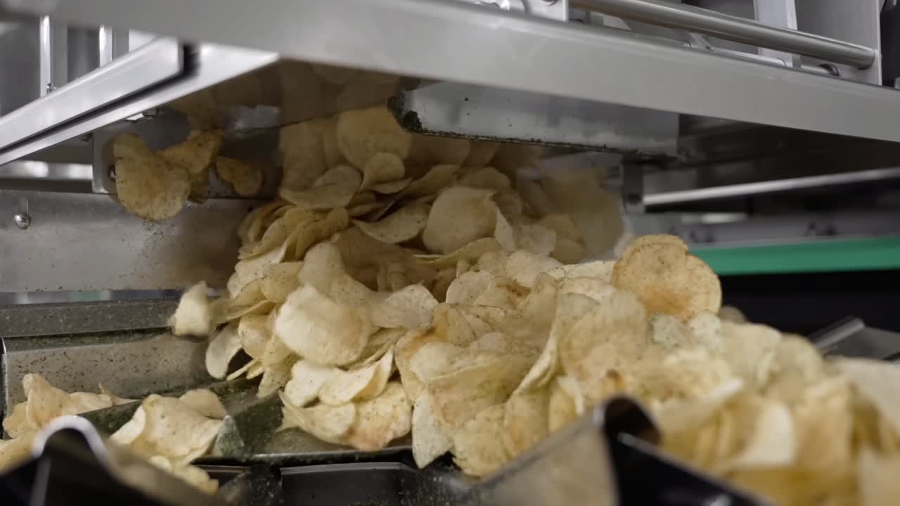 las papas fritas caen en la máquina y van a la línea de embalaje