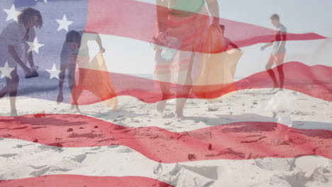 animation of flag of usa over happy diverse friends recycling on beach in summer