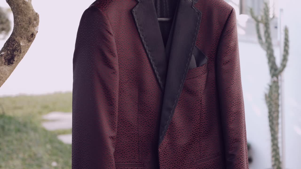 Close up of a burgundy tuxedo with black satin lapel and pocket square