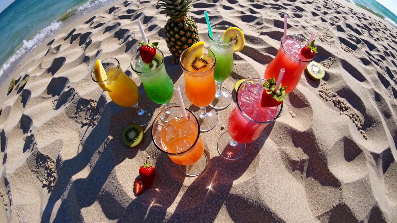 Vibrant Fruit Cocktails and Pineapple on a Sandy Beach by the Ocean
