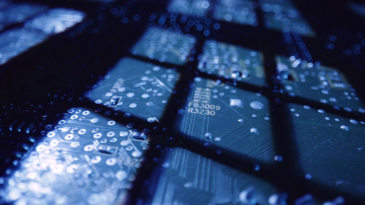 Macro shot of a circuit board with special macro lightning, moving lights, very moody, atmospheric, making it very sci-fi, futuristic.