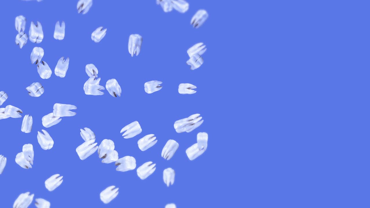 Flying many white teeth on blue background. Dental care concept. 3D ...