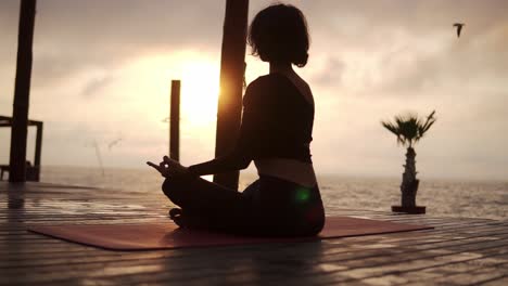 Yogi-Mädchen-Sitzt-Im-Sommer-Bei-Sonnenuntergang-In-Lotus-Pose-Vor-Dem-Meer-Und-Meditiert-über-Möwen,-Die-Am-Himmel-Herumfliegen