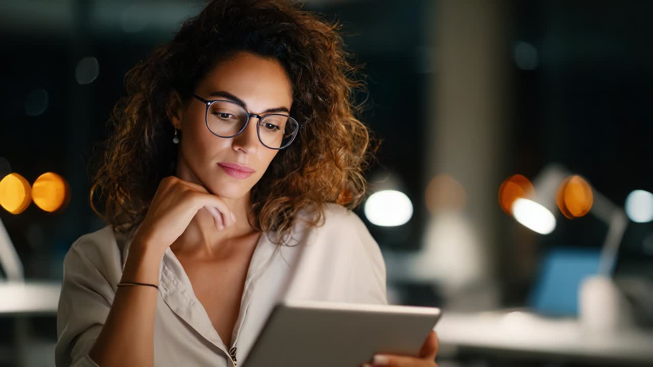 Engaged Woman in Glasses Intently Reading on a Tablet at Night with Soft Background Lighting and Illuminated Bokeh Effects, Exuding Focus and Curiosity in a Cozy and Modern Workspace