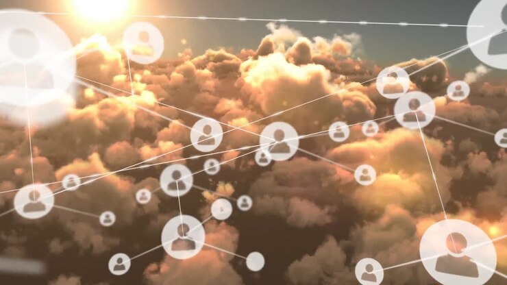 Animation of network of connections with icons over clouds