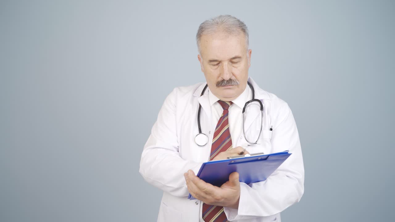 The doctor examining the paperwork is thoughtful.