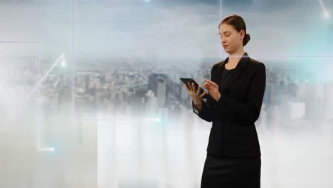 animation of network of glowing connections over businesswoman using smartphone over cityscape