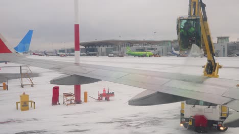 deshielo del avión antes del vuelo. el antihielo es la aplicación de productos químicos que no sólo descongelan sino que también permanecen en una superficie y continúan retrasando la formación del hielo.