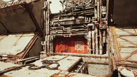 a rusted futuristic industrial building with a large red door