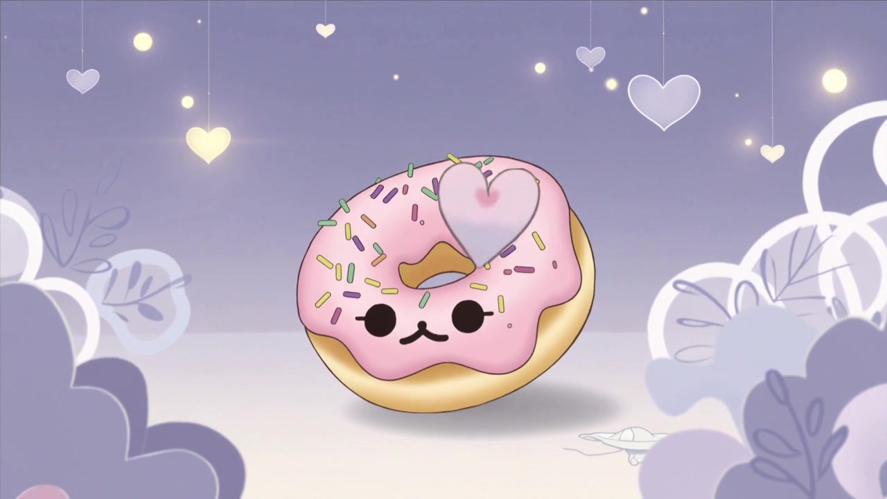 Rosquinha sorridente com cobertura rosa e granulado, fechando os olhos e balançando em um palco pastel após o aparecimento de um coração.