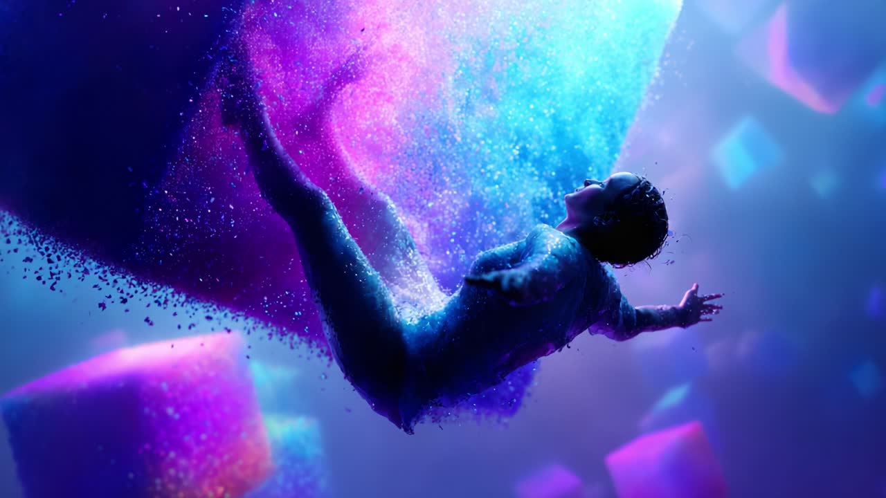 A surreal exploration of vibrant colors and dynamic movement, showcasing a figure gracefully falling through a colorful cascade of abstract shapes and sparkles in a dreamy environment