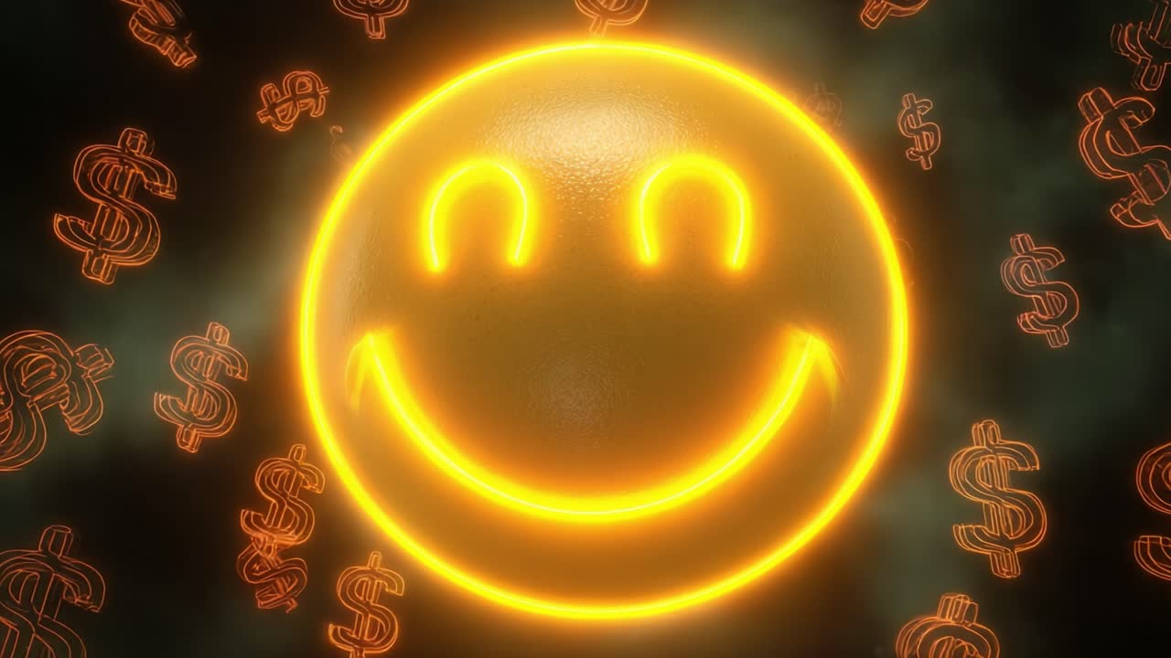 A Vibrant, Glowing Smiley Face Surrounded by Glimmering Dollar Signs, Symbolizing Wealth, Happiness, and Prosperity in a Dynamic and Enchanting Atmosphere