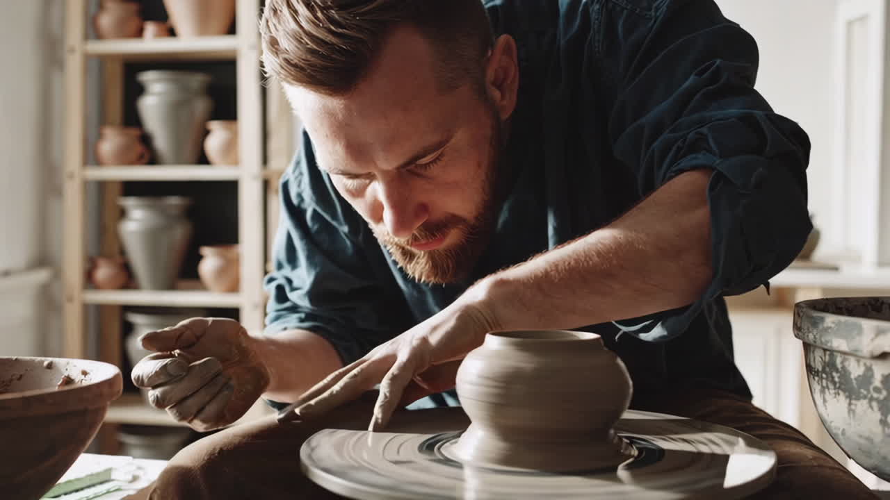 Man shaping clay on a pottery wheel in a workshop