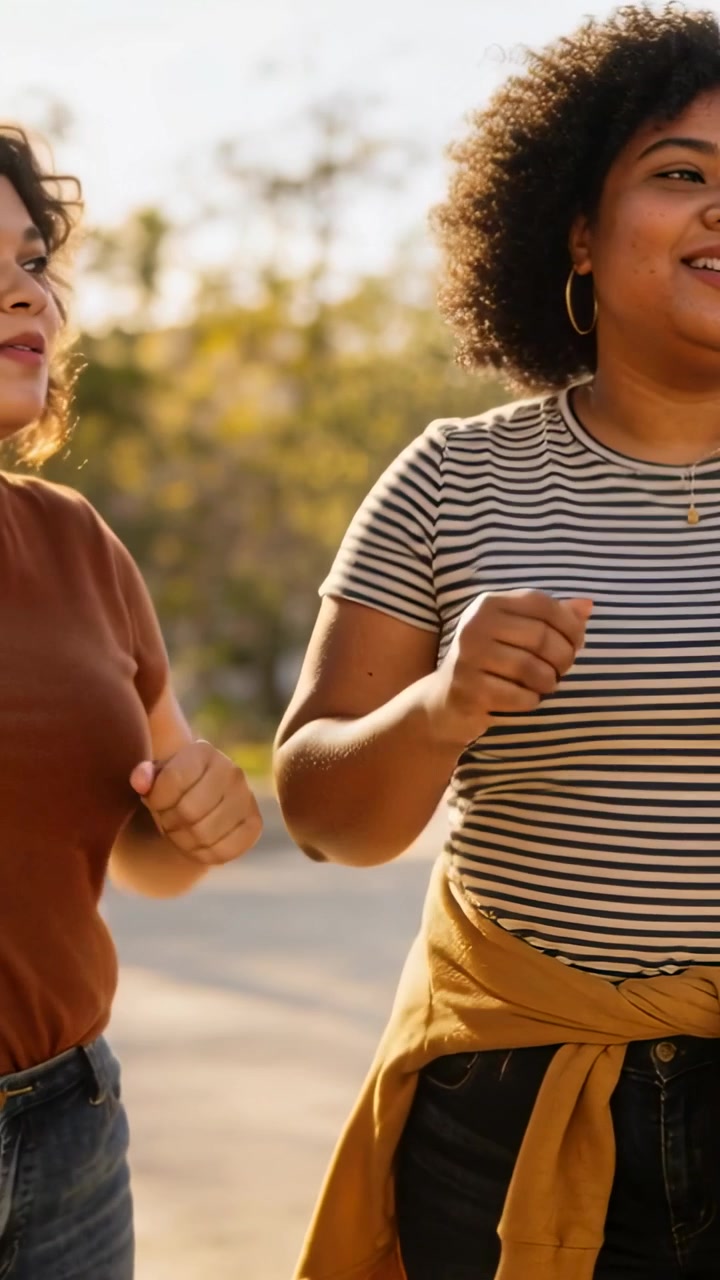 Vertical video: Smiling two friends copying arm moves on walkway, sun warming faces, mustard jacket