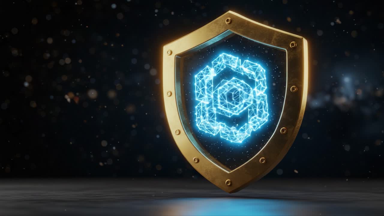 A Radiant Shield Emblem Featuring a Sparkling Blueprint Design Represents Unity and Security in the Digital Realm, Gleaming with a Futuristic Glow Against a Cosmic Background