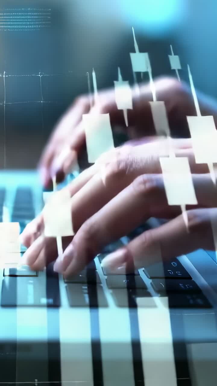 Vertical video: Idle hands shifting to pressing keyboard at desk showing candlestick chart overlays