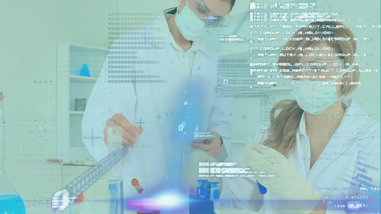 Animation of data processing over diverse female scientists working in lab