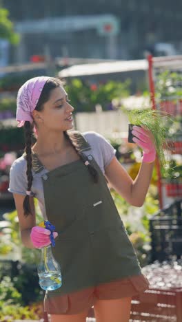 young woman gardener inspecting plants at a garden center