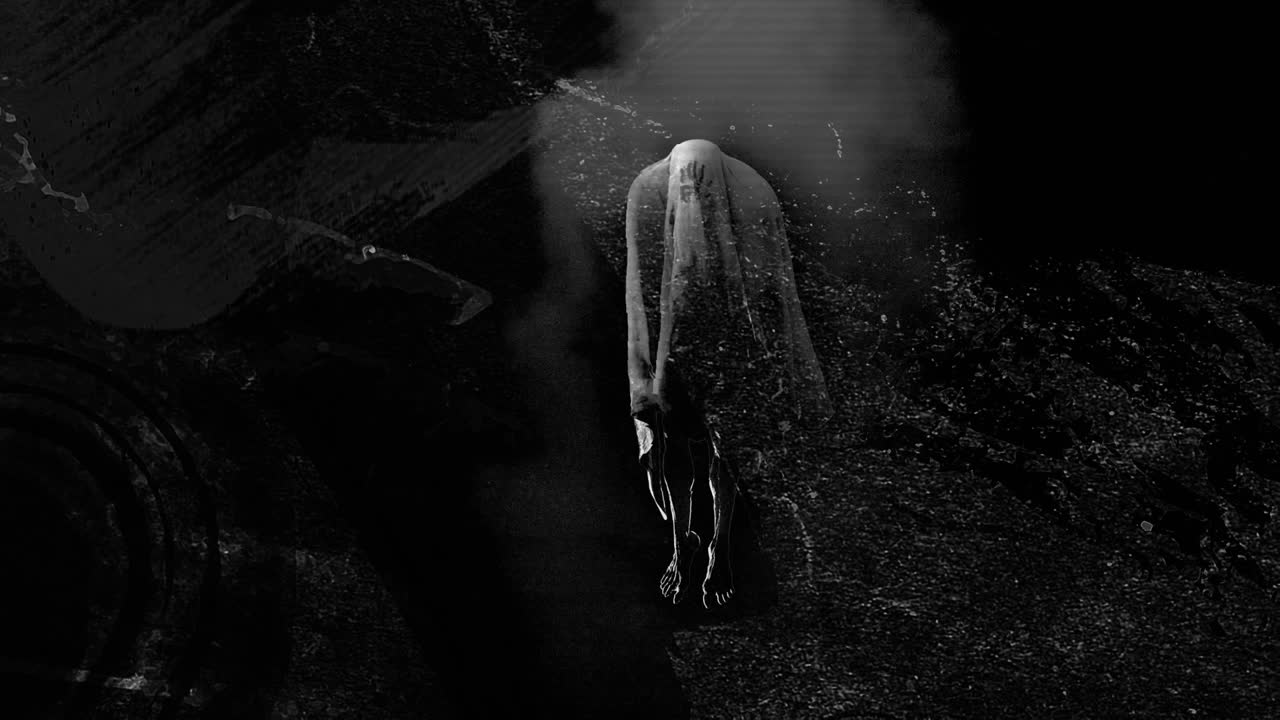 animación de formas blancas sobre fantasma en fondo negro en halloween