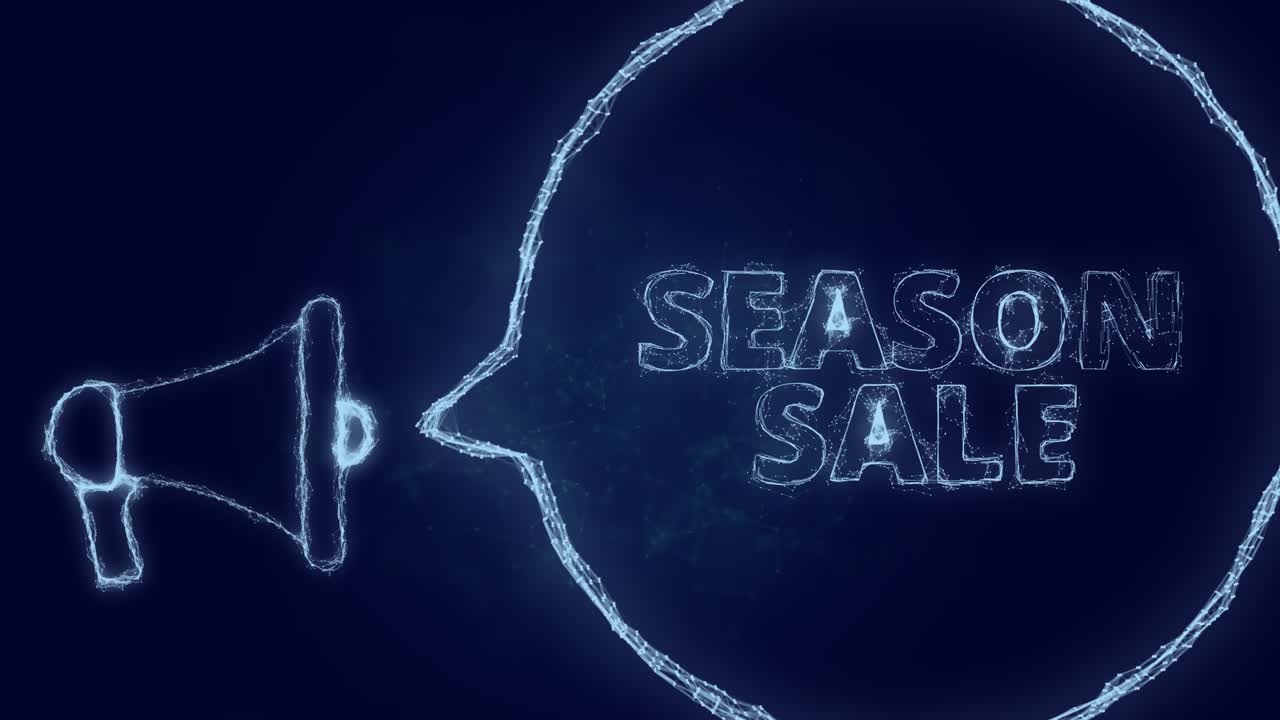 스피치 버블과 텍스트 시즌 판매를 가진 메가폰 배너. 녹색 반이는 점과 선의 플렉서스 스타일