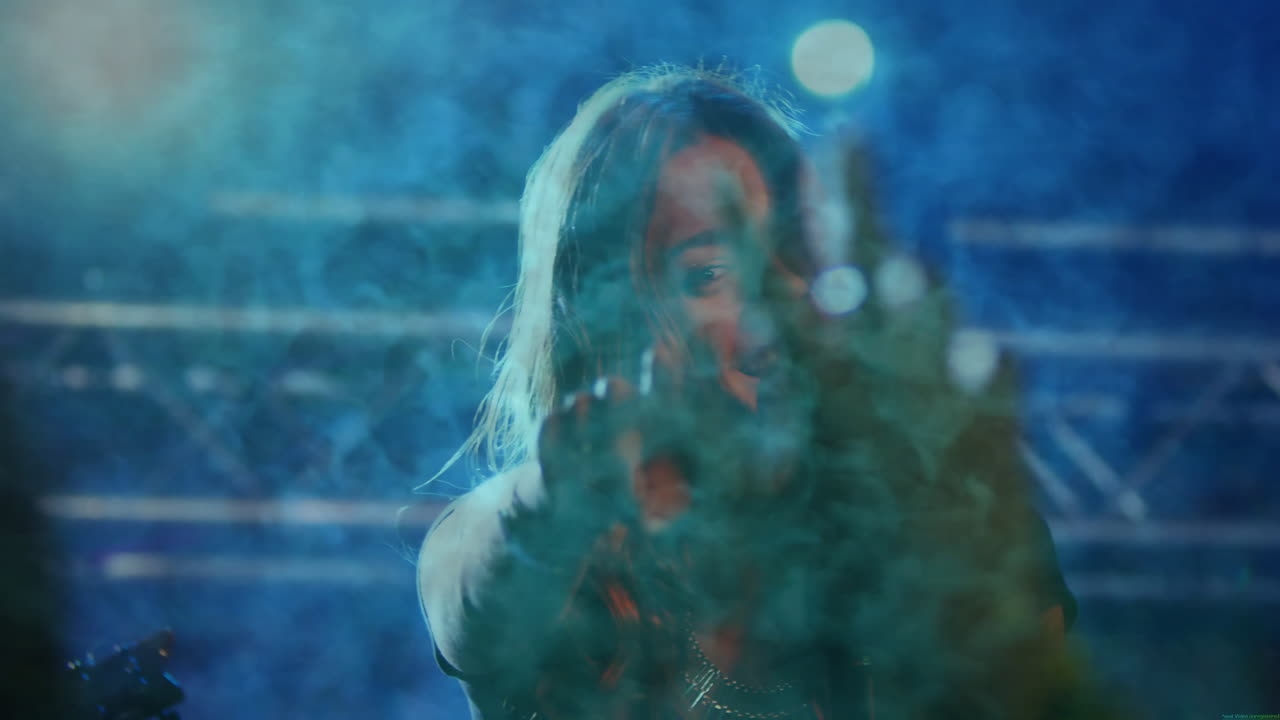 female singer performing on foggy stage with mic for music business, with animated sound waves