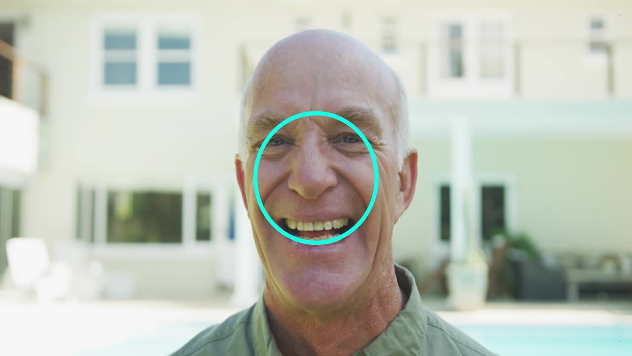Senior man standing in marketing scene, on start purple halftone overlay shifting into pale blue