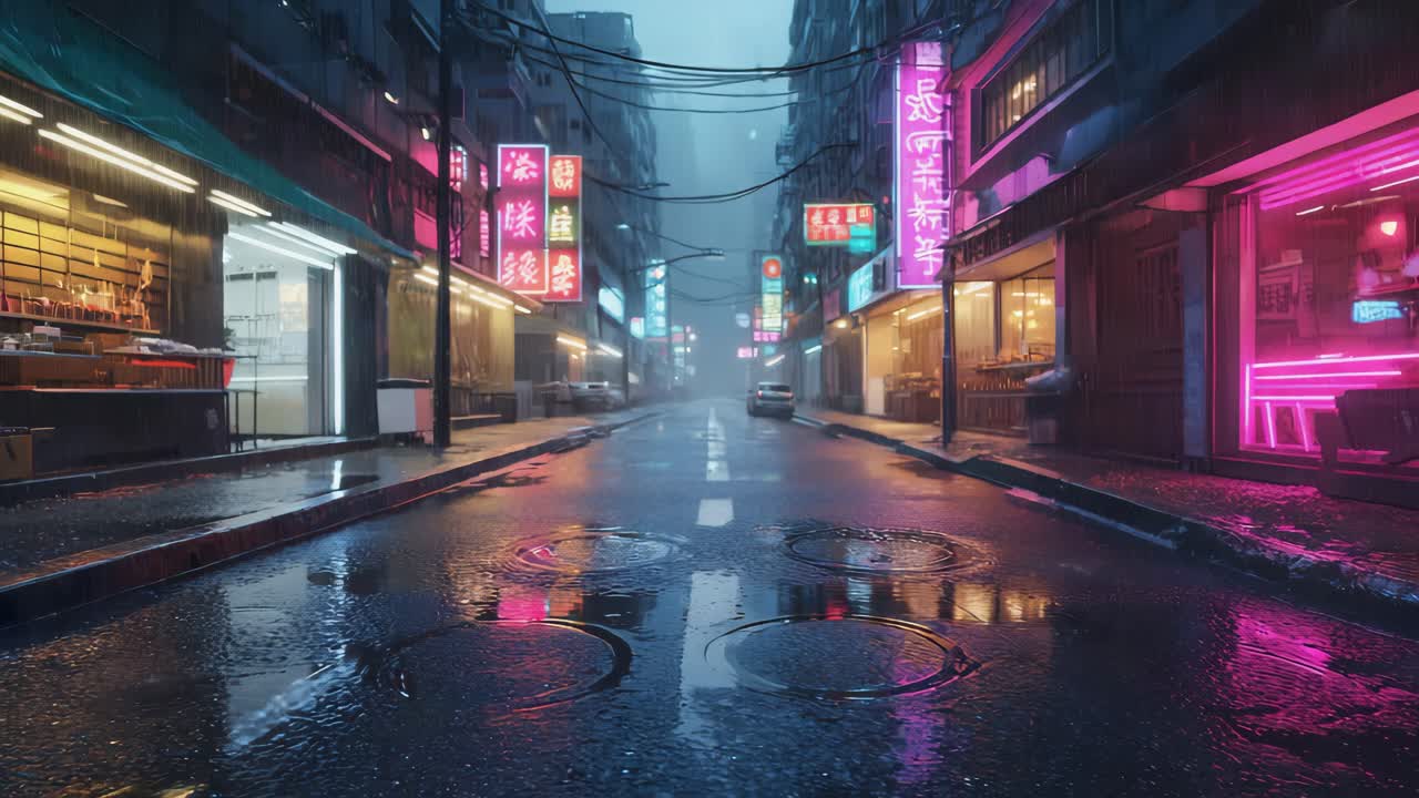 Strada cittadina piovosa illuminata al neon