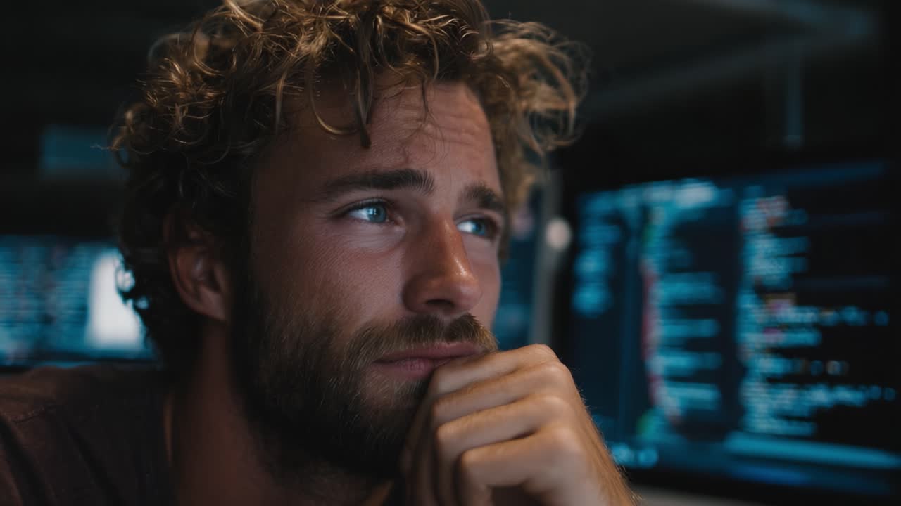 A pensive young man contemplates his thoughts while sitting in front of computer screens filled with code, illustrating a moment of deep concentration and reflection