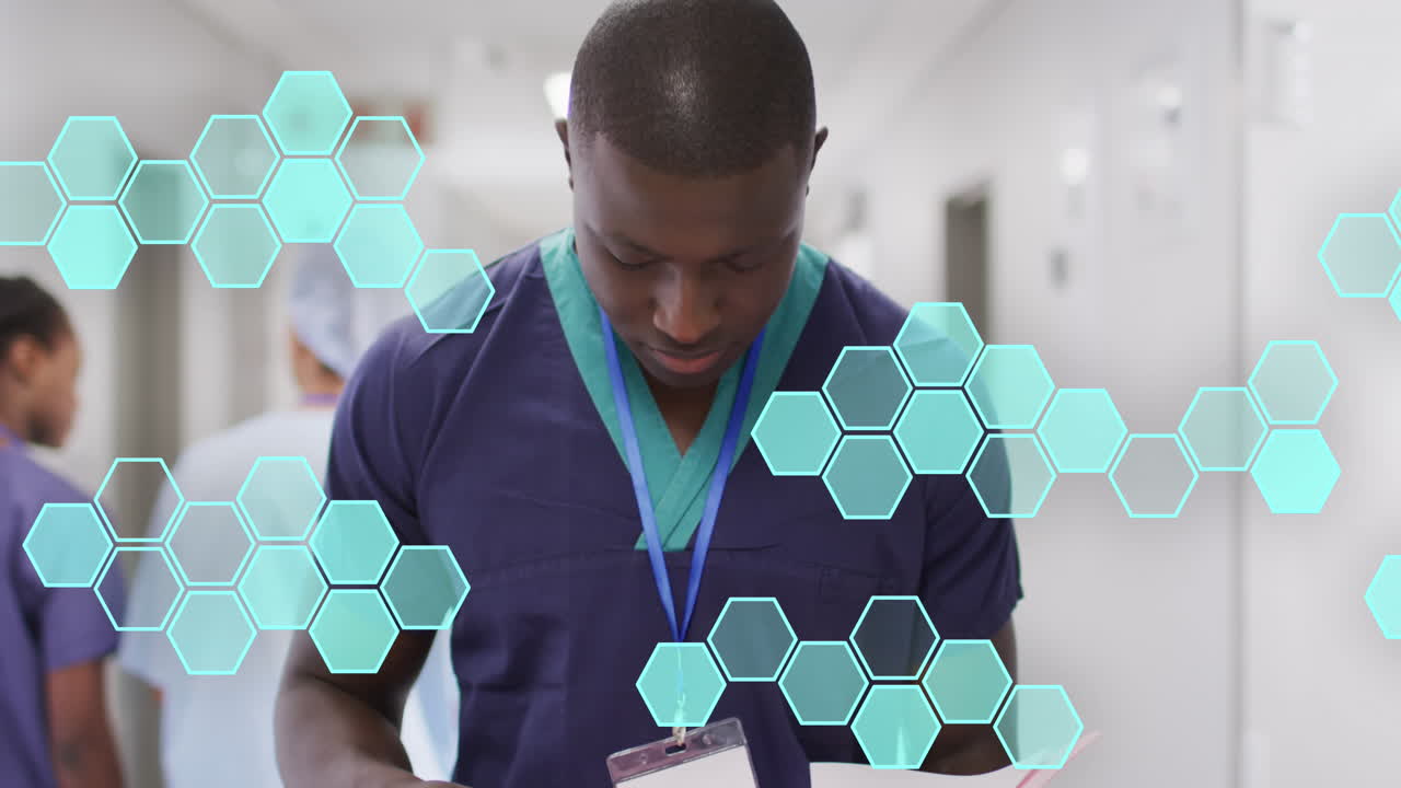 Animation of hexagonal structures processing data over smiling african american male doctor
