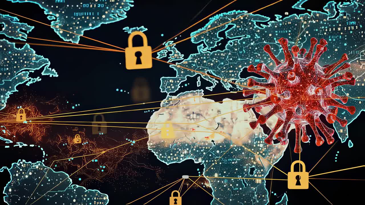 Global map visualizing the spread of a virus with data points showing impact across regions and countries