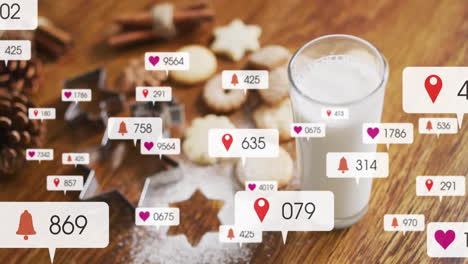 glass of milk floating on tabletop in flat design, featuring cookies and pulsing notification icons