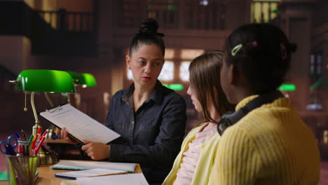 teacher and students in a library