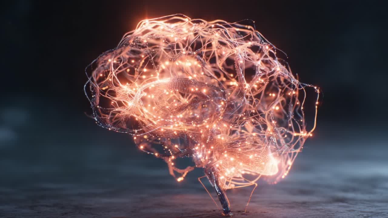 Rappresentazione dinamica di un cervello elettrificato, illuminato da connessioni luminose che simboleggiano il pensiero, la creatività e l'attività neurale su uno sfondo scuro