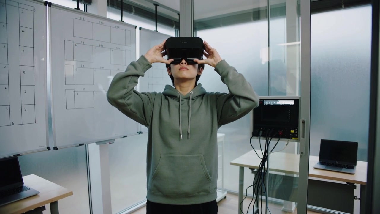 Un uomo asiatico, con una felpa verde, solleva un visore VR nero e ne regola la vestibilità in una stanza di vetro per i test.