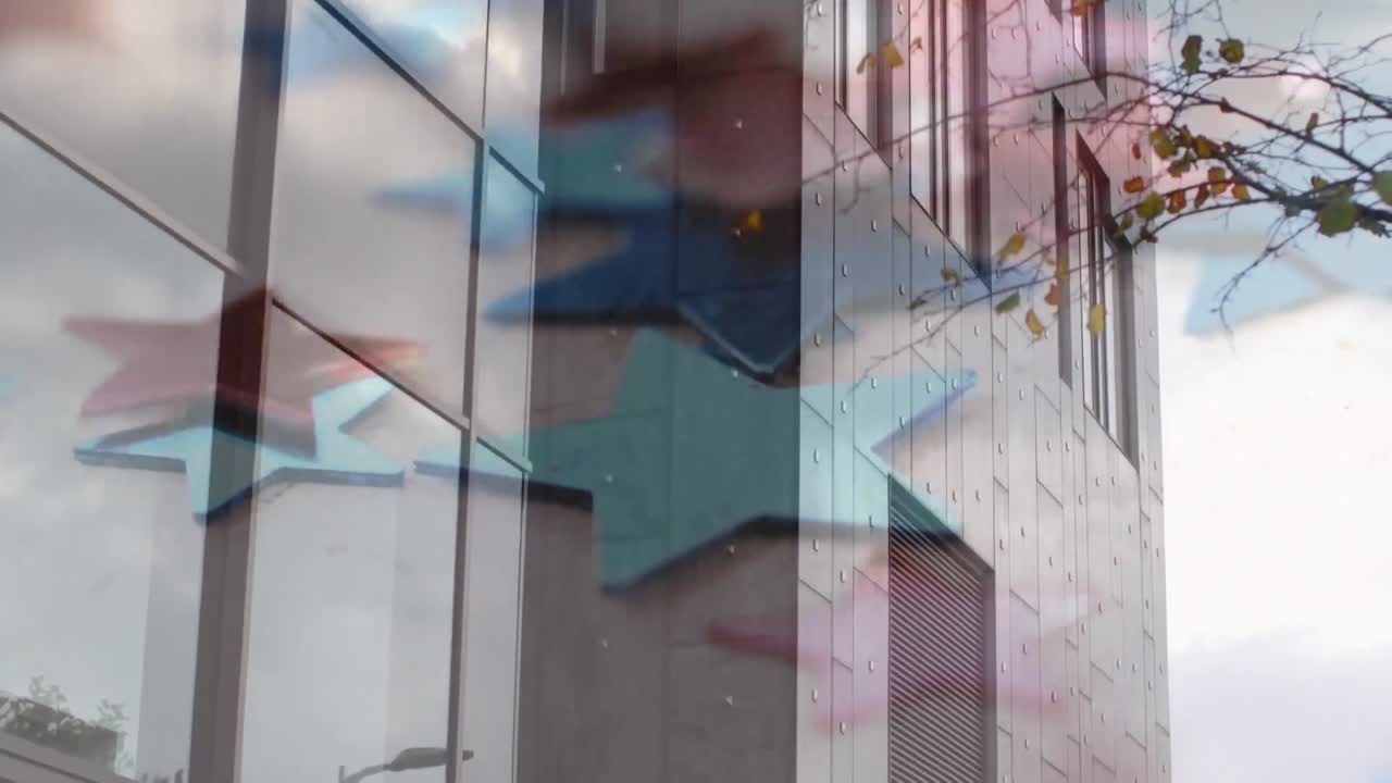 animación de la bandera de la unión europea sobre un moderno edificio de oficinas.