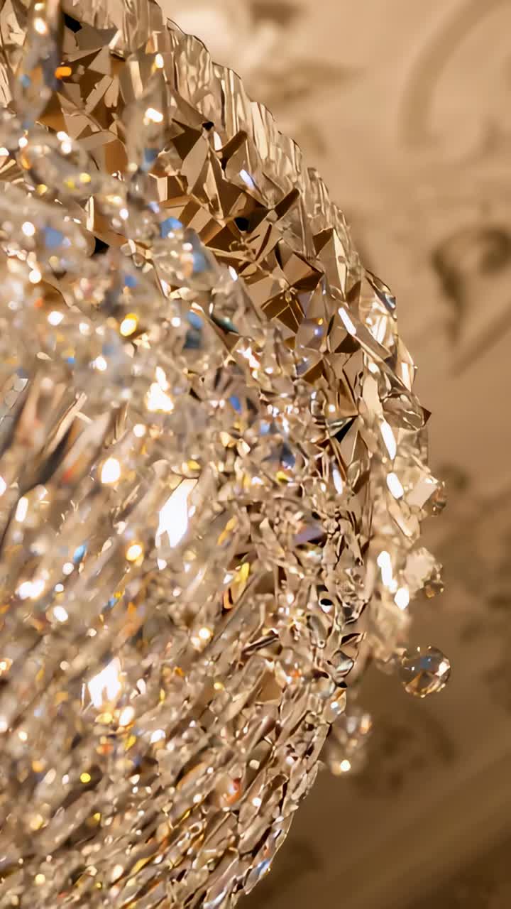 Vertical video: Tilting camera showing tiered crystal chandelier in ballroom, revealing medallion