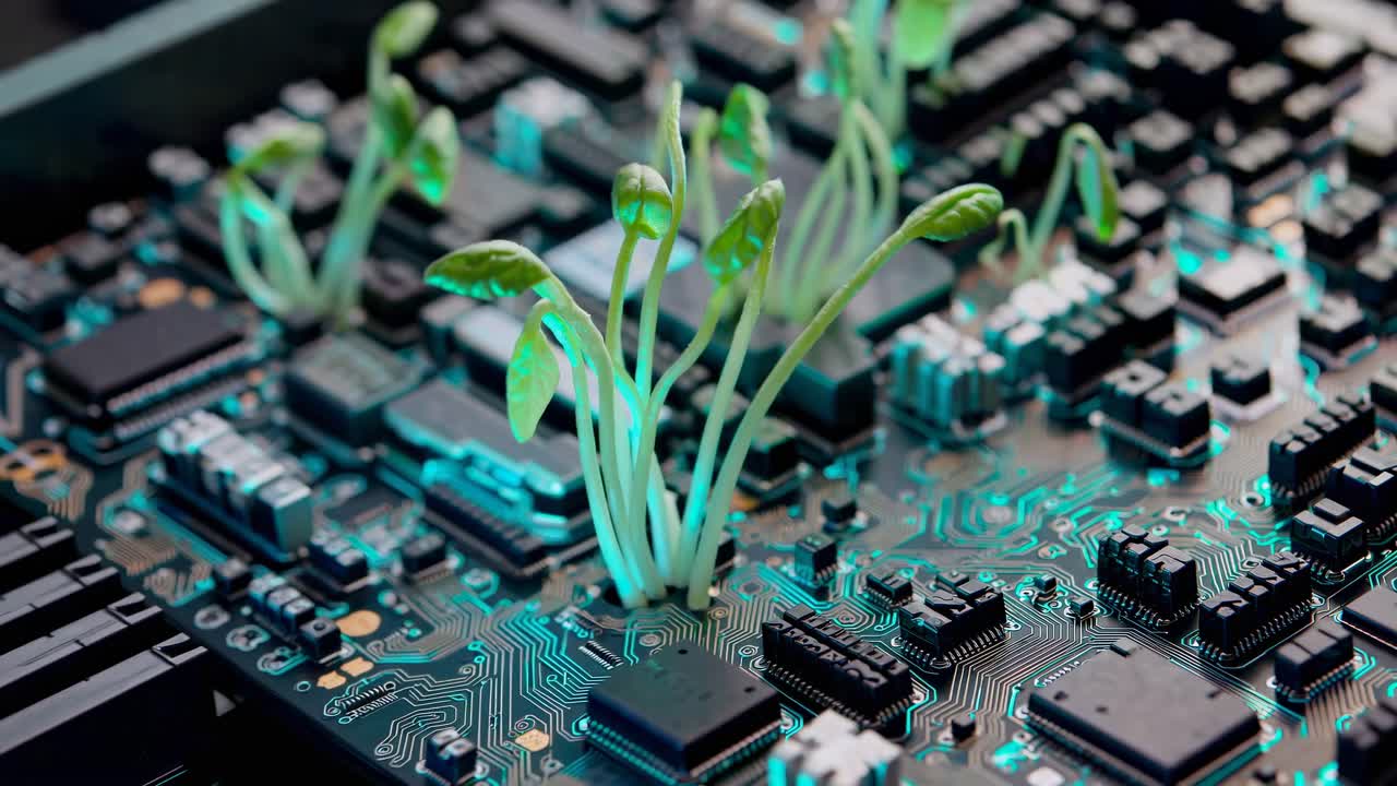 Growth in Technology: Plants Growing on a Circuit Board