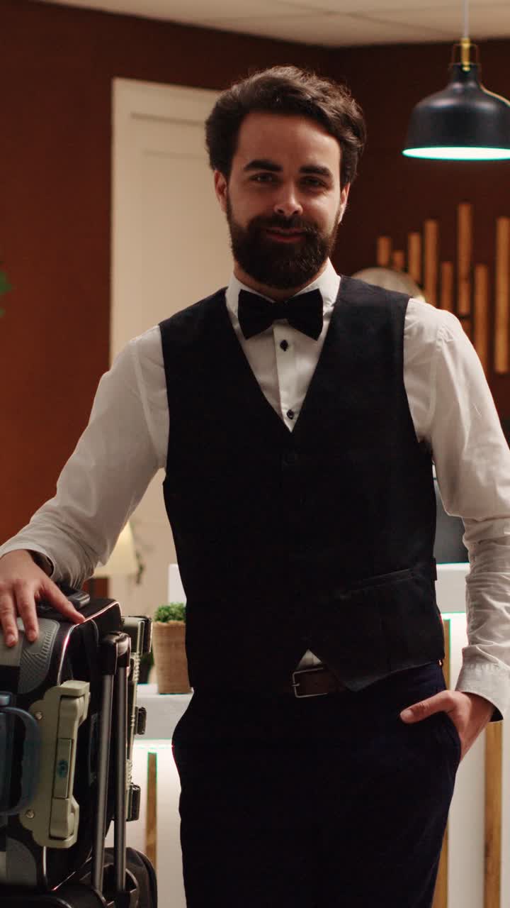 Uomo in abito elegante alla reception di un hotel