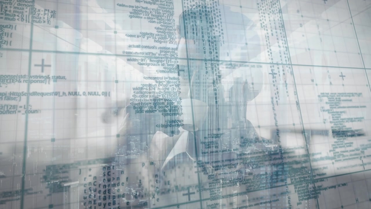 Animation of programming language and grid pattern over caucasian businessman drinking beverage