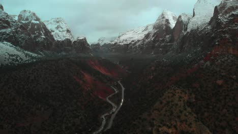 aerial view of snow covered mountains and winding road