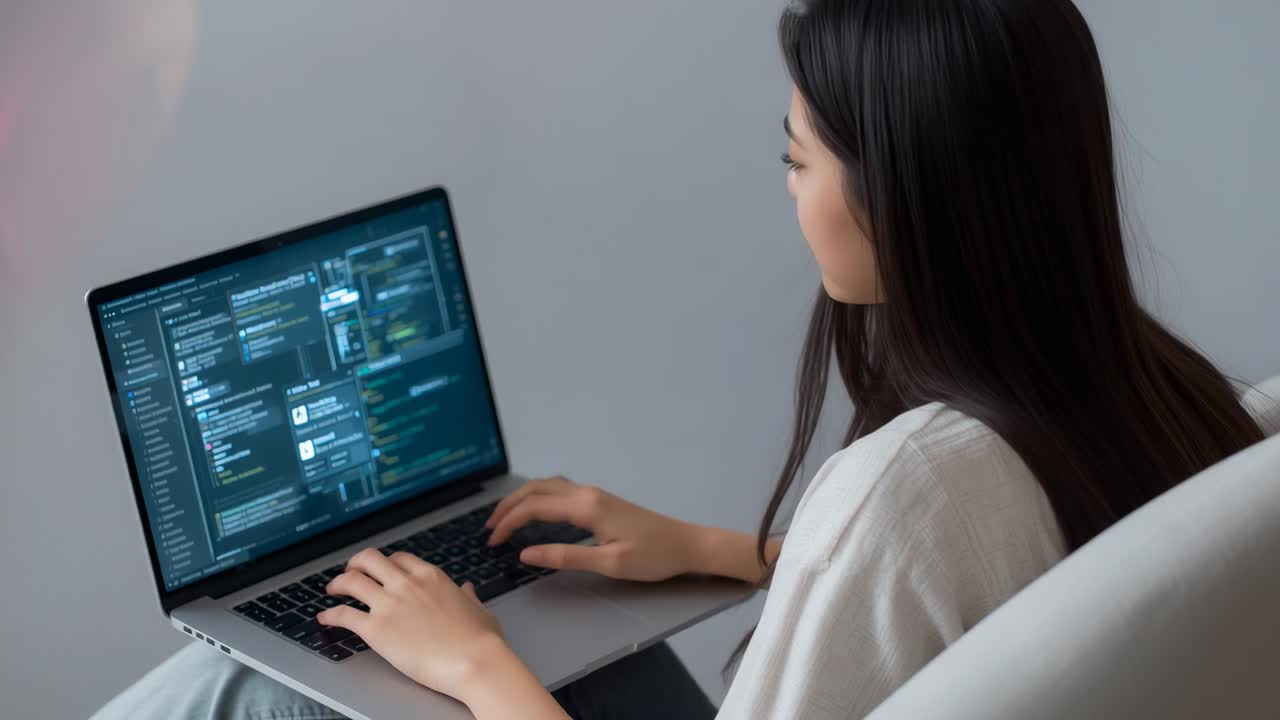 Placing laptop on lap, Asian coder typing code for review at home office corner, copy space